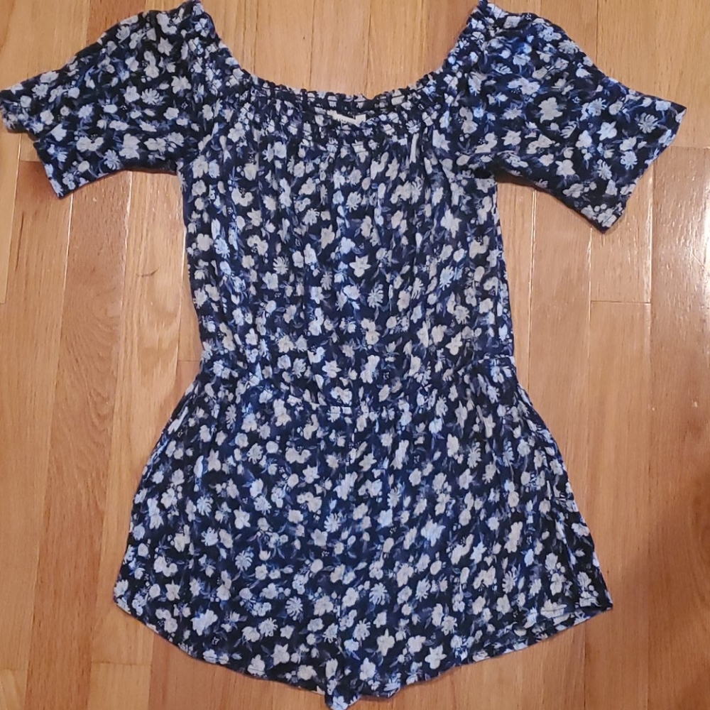 Aeropostale Blue Floral Off-the-Shoulder Romper